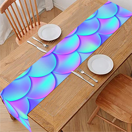Teal Purple Mermaid Scales Pattern Print Table Runner