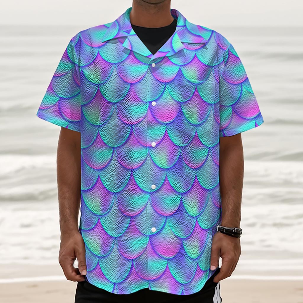 Teal Purple Mermaid Scales Pattern Print Textured Short Sleeve Shirt