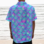 Teal Purple Mermaid Scales Pattern Print Textured Short Sleeve Shirt