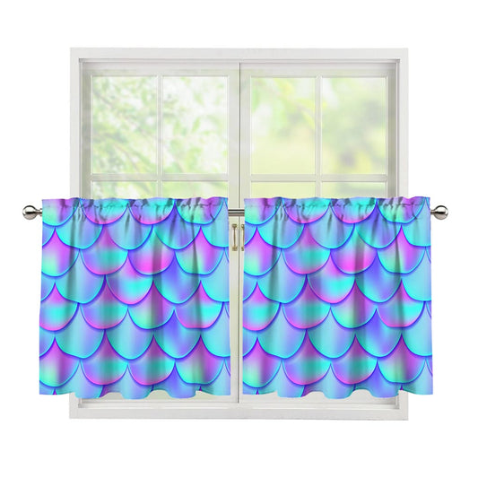 Teal Purple Mermaid Scales Pattern Print Tier Curtains