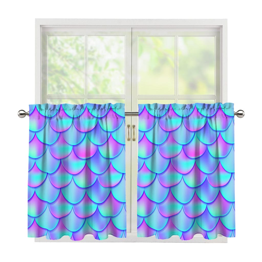 Teal Purple Mermaid Scales Pattern Print Tier Curtains