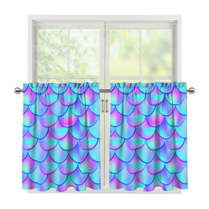 Teal Purple Mermaid Scales Pattern Print Tier Curtains