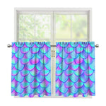 Teal Purple Mermaid Scales Pattern Print Tier Curtains