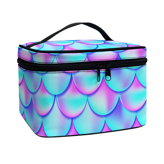 Teal Purple Mermaid Scales Pattern Print Travel Makeup Bag