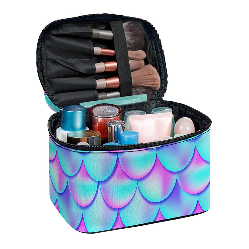 Teal Purple Mermaid Scales Pattern Print Travel Makeup Bag