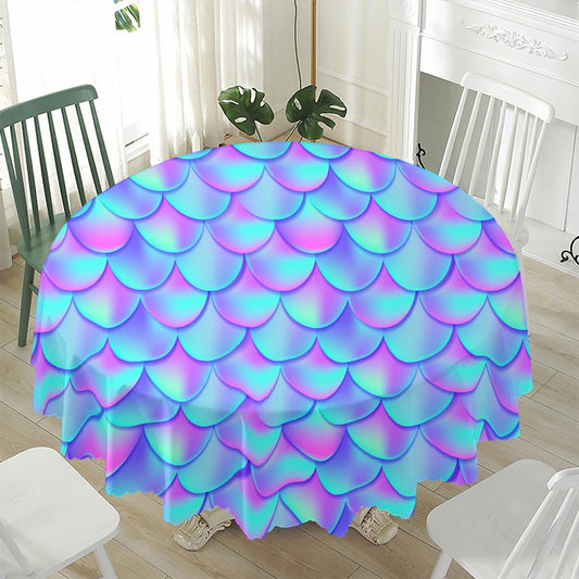 Teal Purple Mermaid Scales Pattern Print Waterproof Round Tablecloth