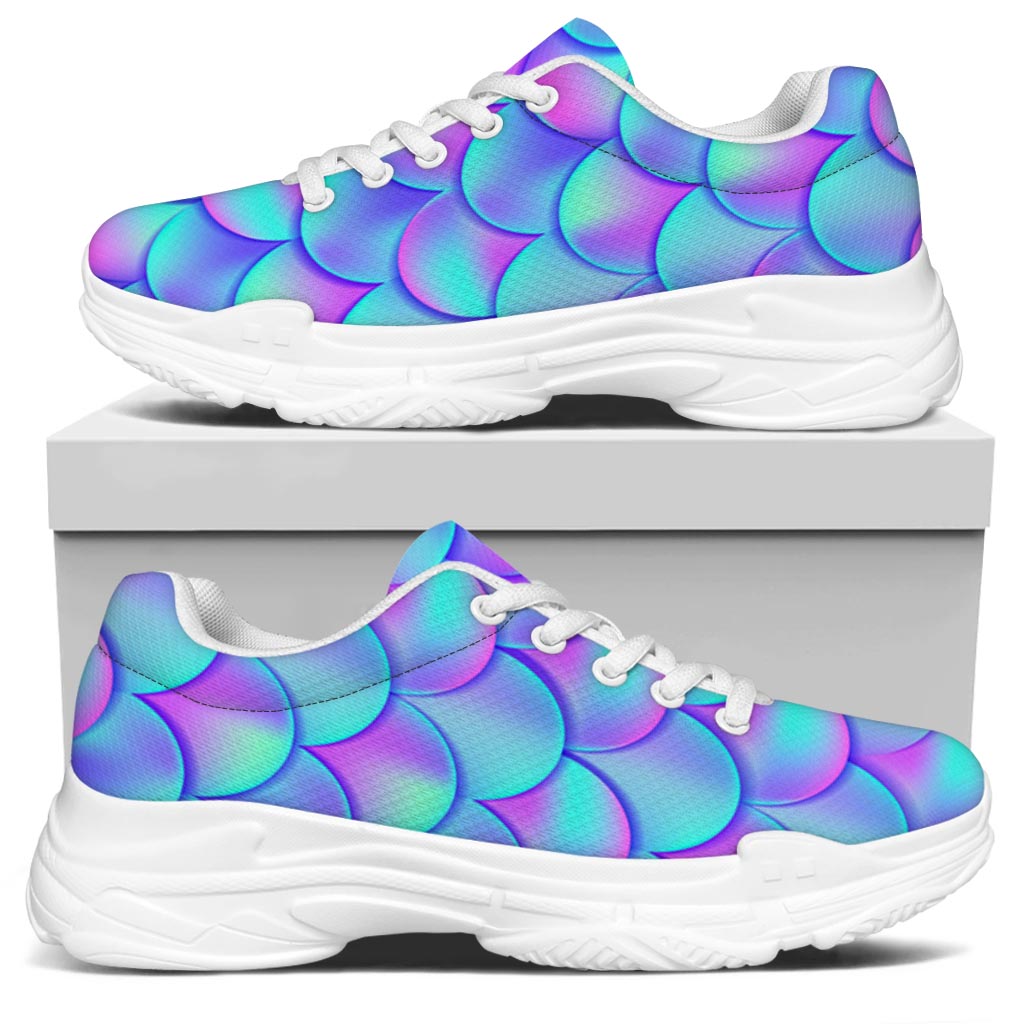 Teal Purple Mermaid Scales Pattern Print White Chunky Shoes