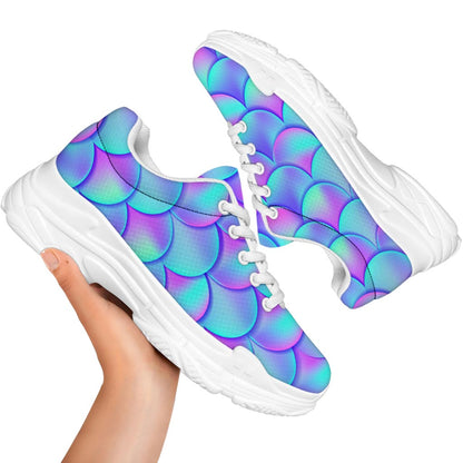 Teal Purple Mermaid Scales Pattern Print White Chunky Shoes