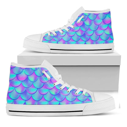 Teal Purple Mermaid Scales Pattern Print White High Top Sneakers