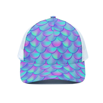 Teal Purple Mermaid Scales Pattern Print White Mesh Trucker Cap