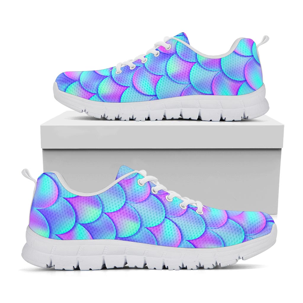 Teal Purple Mermaid Scales Pattern Print White Running Shoes