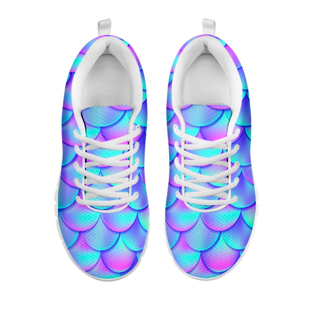 Teal Purple Mermaid Scales Pattern Print White Running Shoes