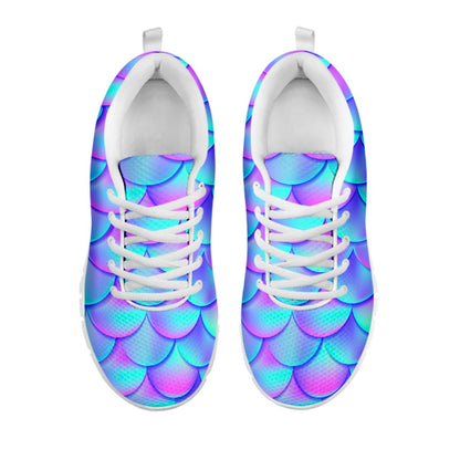 Teal Purple Mermaid Scales Pattern Print White Running Shoes