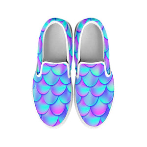 Teal Purple Mermaid Scales Pattern Print White Slip On Sneakers