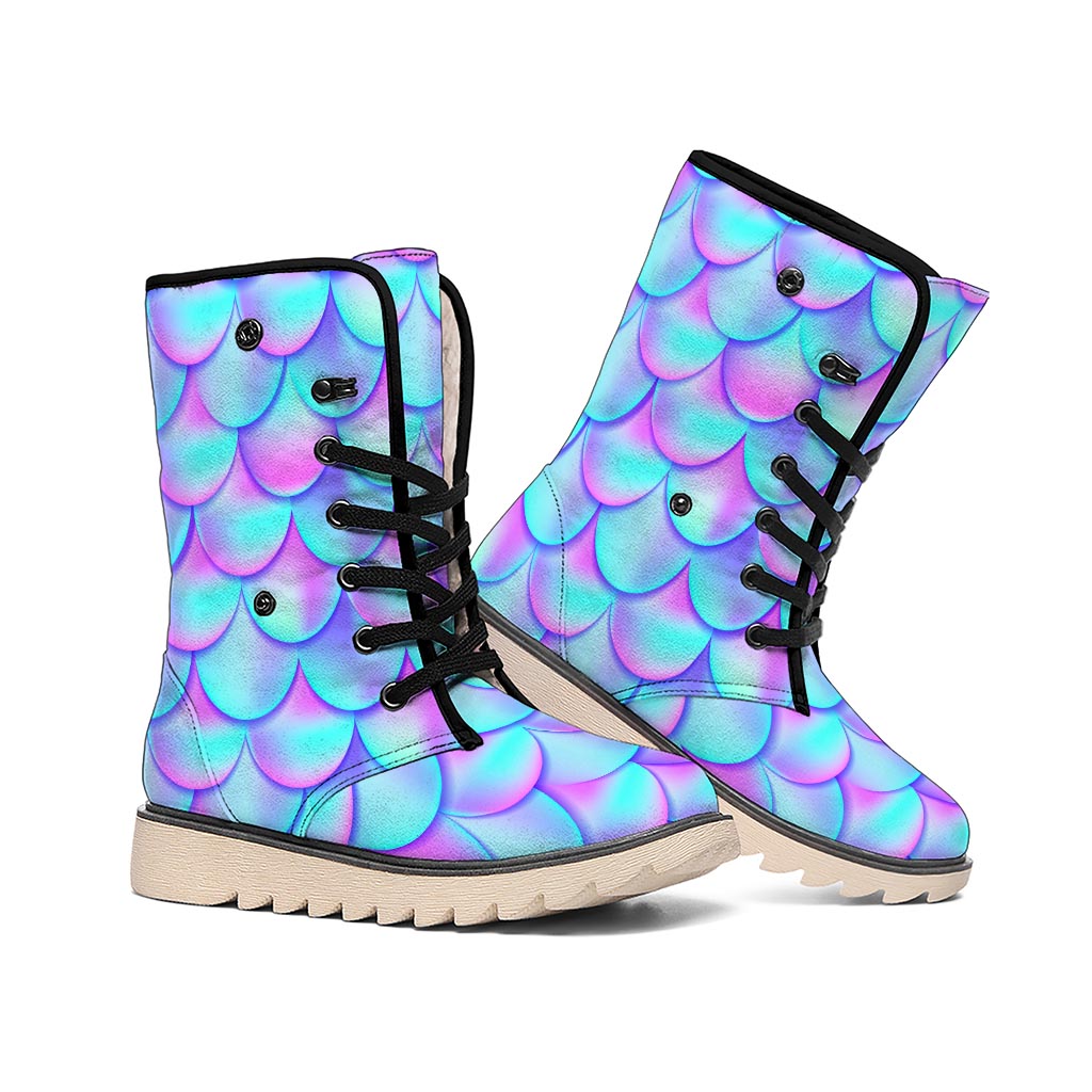 Teal Purple Mermaid Scales Pattern Print Winter Boots