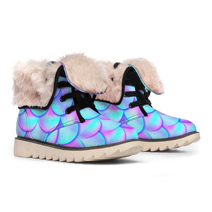 Teal Purple Mermaid Scales Pattern Print Winter Boots