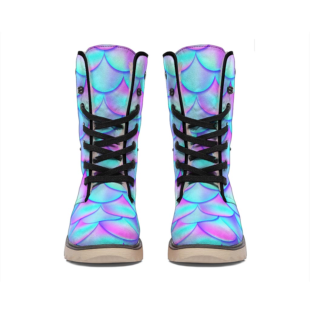 Teal Purple Mermaid Scales Pattern Print Winter Boots