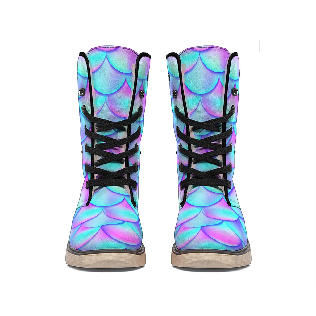 Teal Purple Mermaid Scales Pattern Print Winter Boots