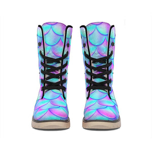 Teal Purple Mermaid Scales Pattern Print Winter Boots