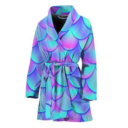 Teal Purple Mermaid Scales Pattern Print Women's Bathrobe