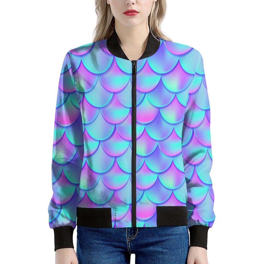 Teal Purple Mermaid Scales Pattern Print Women's Bomber Jacket