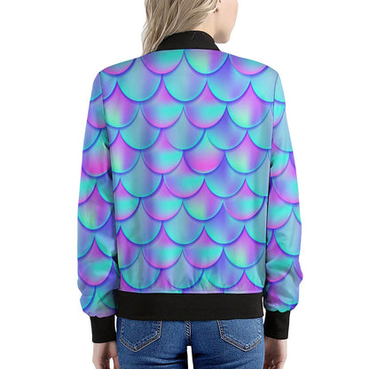Teal Purple Mermaid Scales Pattern Print Women's Bomber Jacket