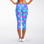 Teal Purple Mermaid Scales Pattern Print Women's Capri Leggings