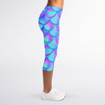 Teal Purple Mermaid Scales Pattern Print Women's Capri Leggings