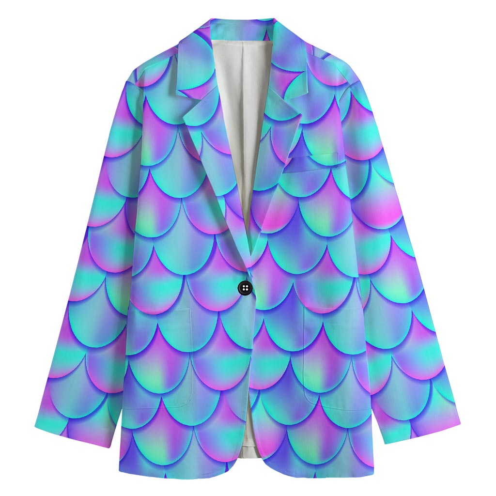 Teal Purple Mermaid Scales Pattern Print Women's Cotton Blazer