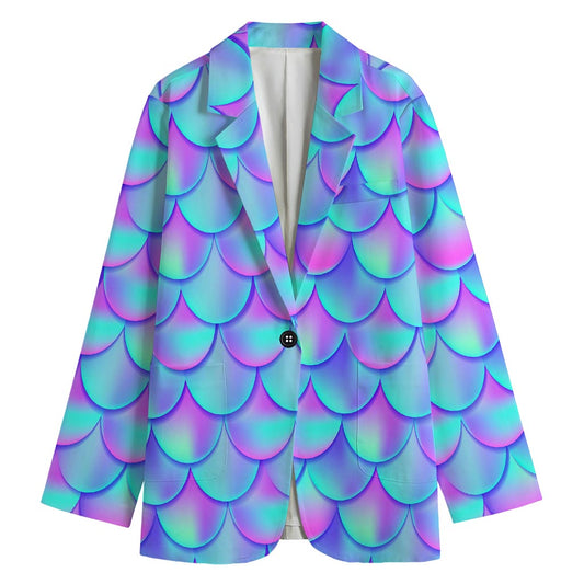 Teal Purple Mermaid Scales Pattern Print Women's Cotton Blazer