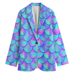 Teal Purple Mermaid Scales Pattern Print Women's Cotton Blazer