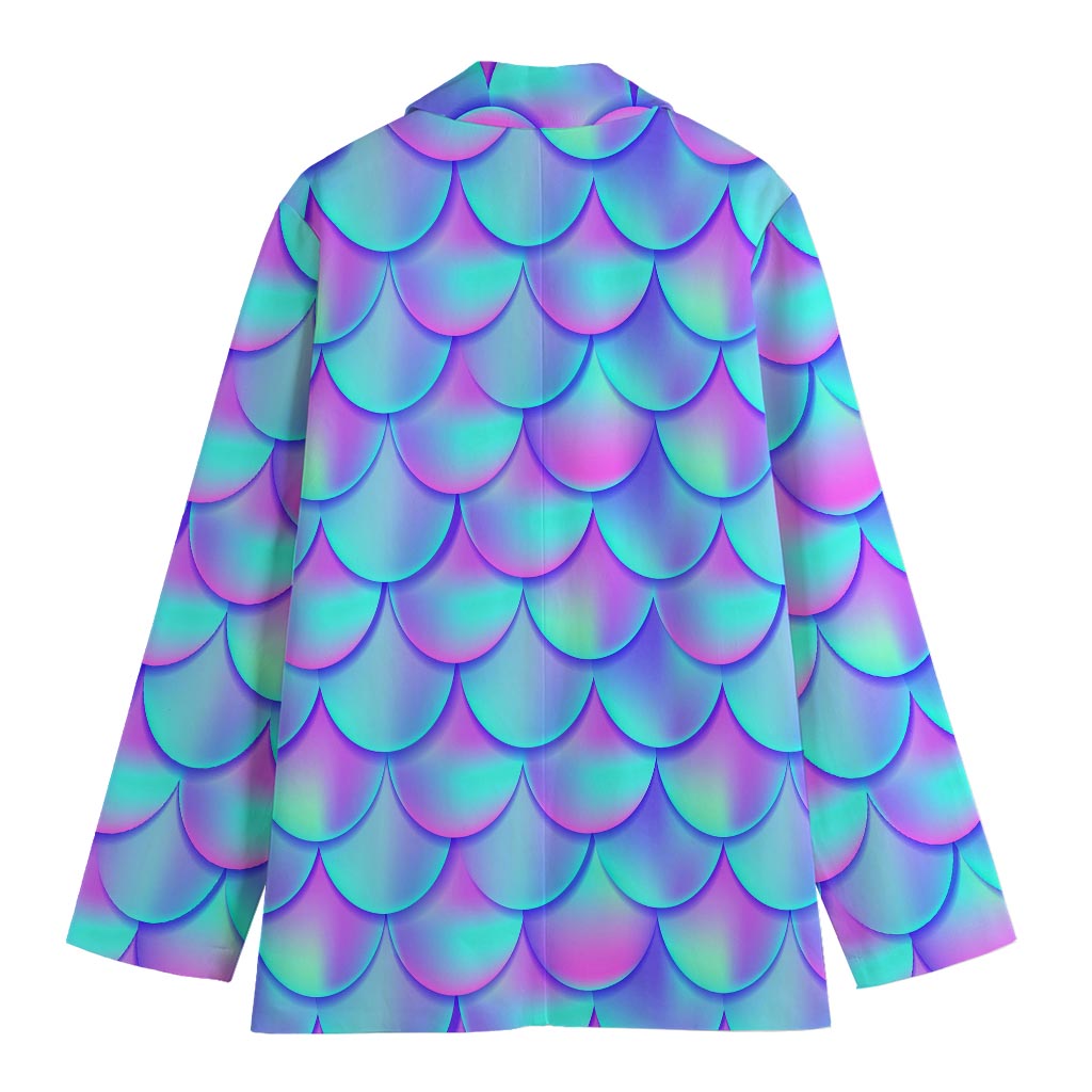 Teal Purple Mermaid Scales Pattern Print Women's Cotton Blazer