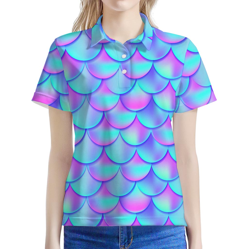 Teal Purple Mermaid Scales Pattern Print Women's Polo Shirt