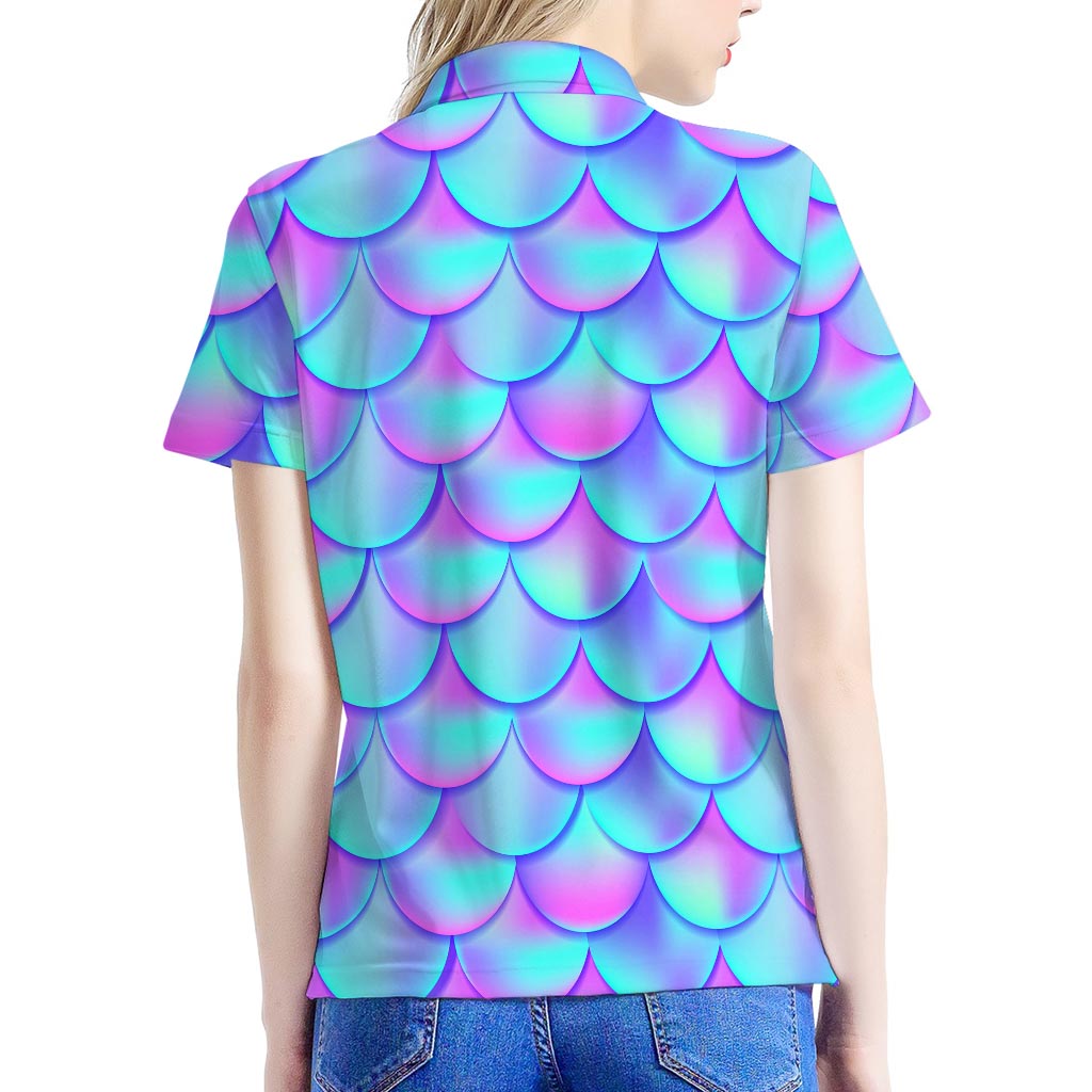 Teal Purple Mermaid Scales Pattern Print Women's Polo Shirt