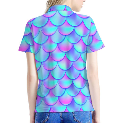 Teal Purple Mermaid Scales Pattern Print Women's Polo Shirt