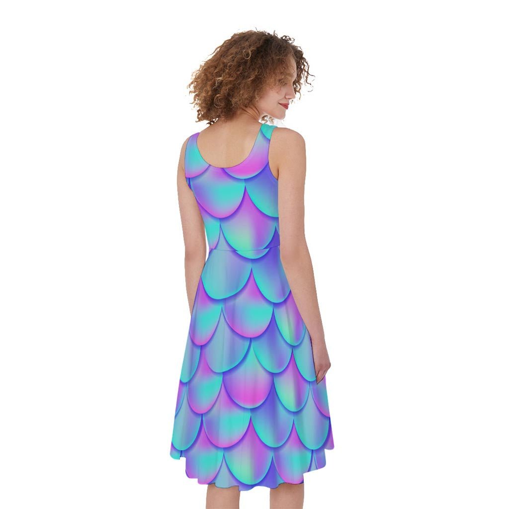 Teal Purple Mermaid Scales Pattern Print Women's Sleeveless Dress