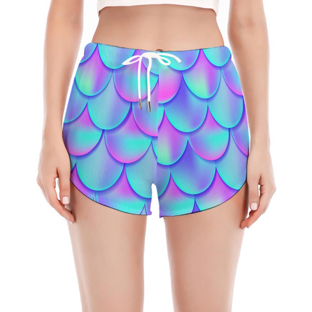 Teal Purple Mermaid Scales Pattern Print Women's Split Running Shorts