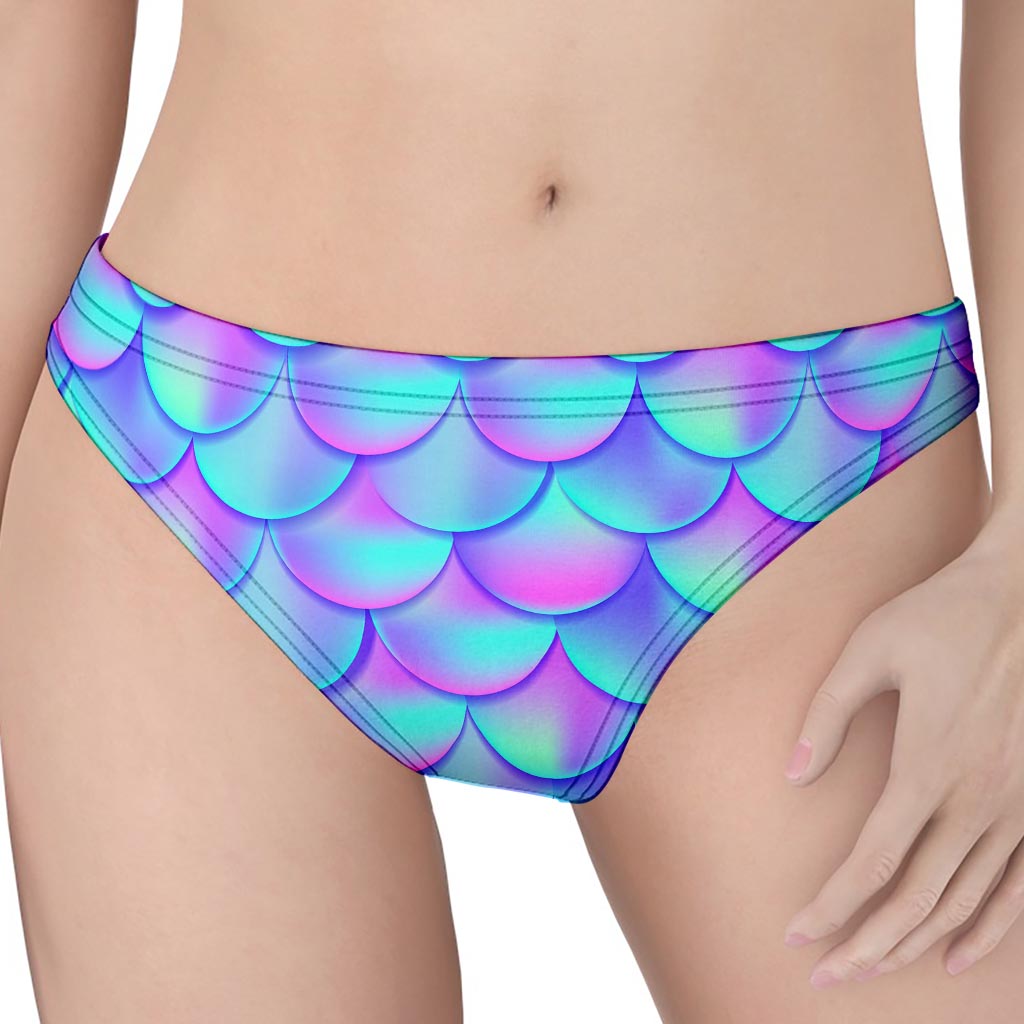 Teal Purple Mermaid Scales Pattern Print Women's Thong