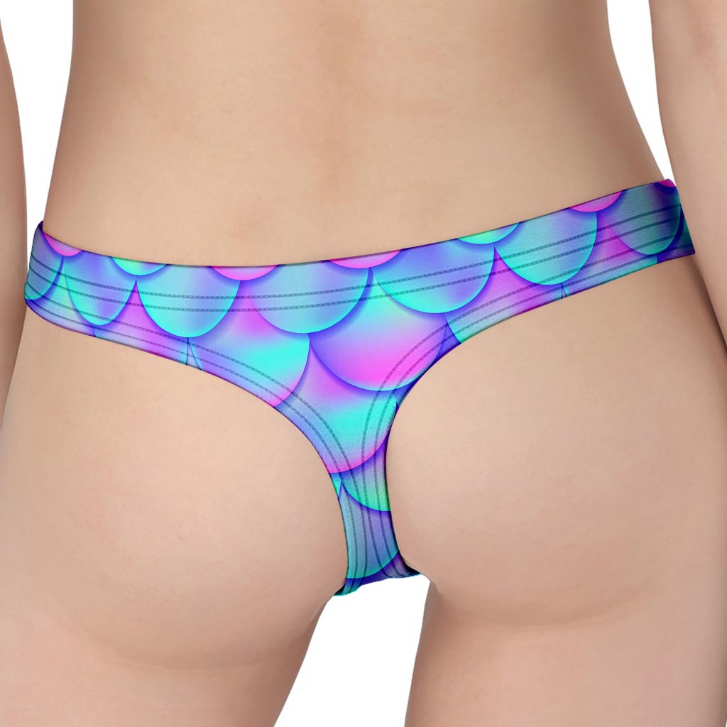 Teal Purple Mermaid Scales Pattern Print Women's Thong