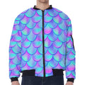 Teal Purple Mermaid Scales Pattern Print Zip Sleeve Bomber Jacket
