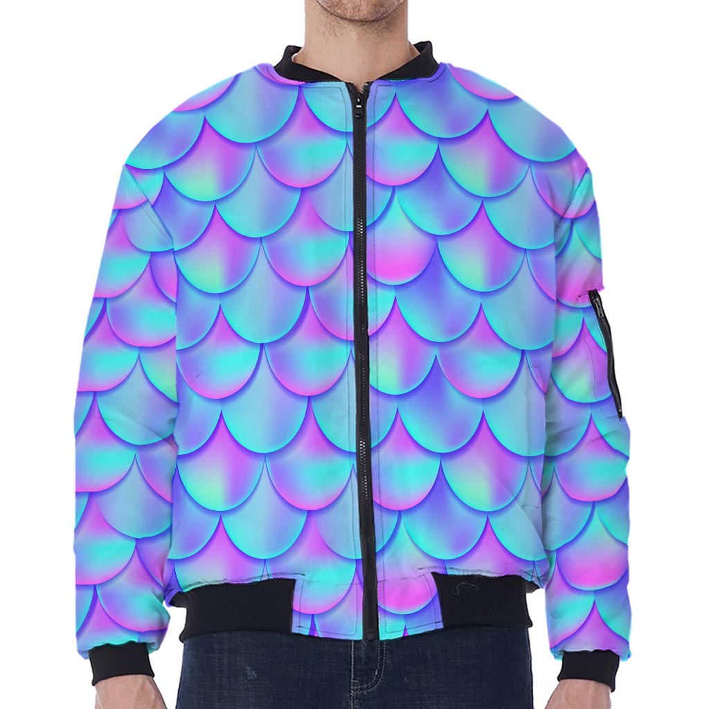 Teal Purple Mermaid Scales Pattern Print Zip Sleeve Bomber Jacket