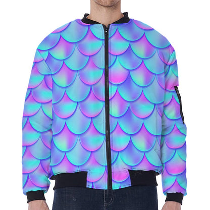 Teal Purple Mermaid Scales Pattern Print Zip Sleeve Bomber Jacket
