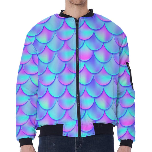 Teal Purple Mermaid Scales Pattern Print Zip Sleeve Bomber Jacket