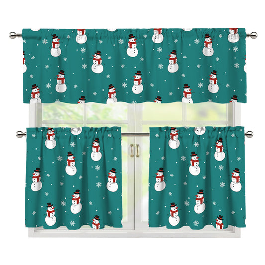 Teal Snowman Pattern Print 3 Piece Kitchen Curtains