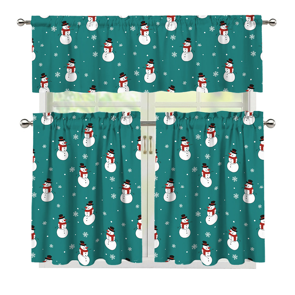 Teal Snowman Pattern Print 3 Piece Kitchen Curtains
