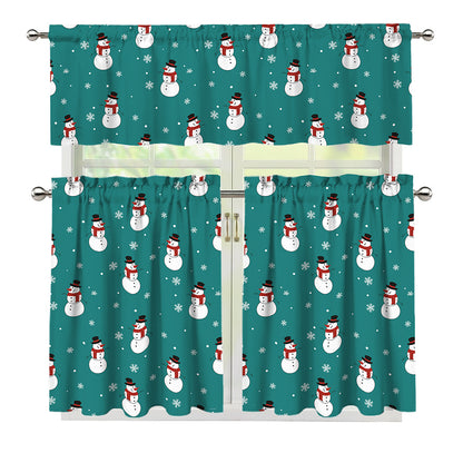 Teal Snowman Pattern Print 3 Piece Kitchen Curtains