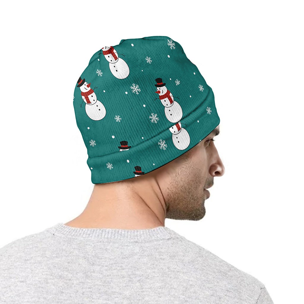 Teal Snowman Pattern Print Beanie