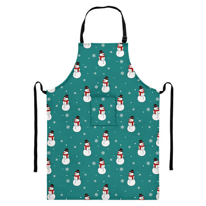 Teal Snowman Pattern Print Bib Apron With Pocket