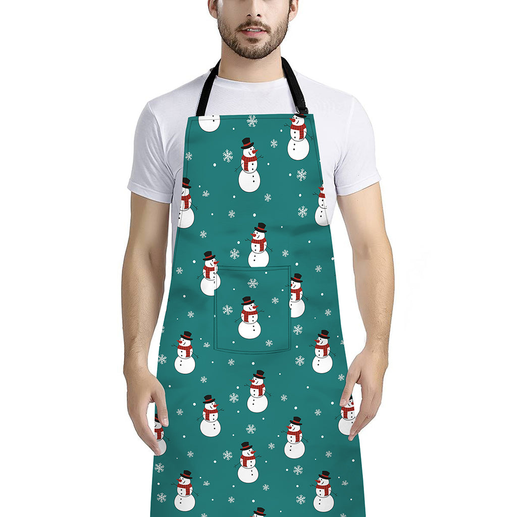 Teal Snowman Pattern Print Bib Apron With Pocket