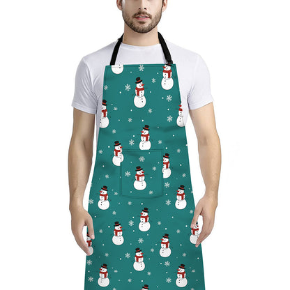 Teal Snowman Pattern Print Bib Apron With Pocket